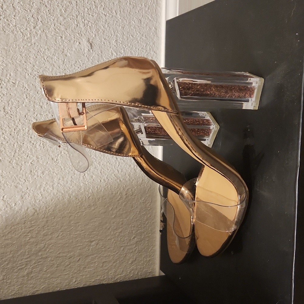 glitter heels with clear anklet straps